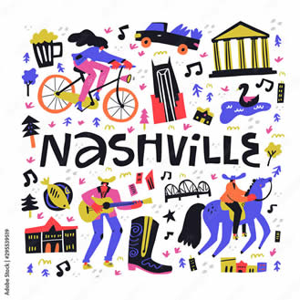Nashville lettering with hand drawn vector illustration. USA state ...